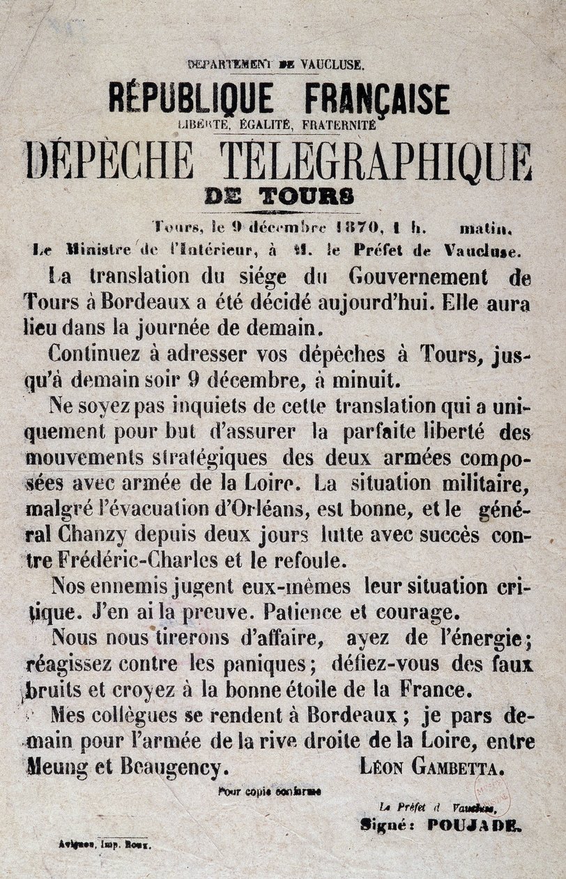 Telegraphic news of Tours of 9/12/1870 by Léon Gambetta. de Anonymous Anonymous