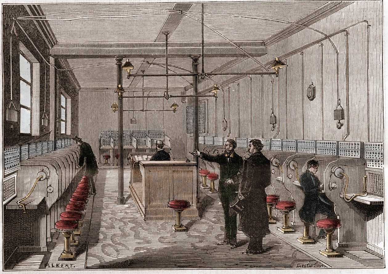 Central telefónica construída segundo o sistema de telecomunicações Edison Gower-Bell - primeira central telefónica em Paris em 1879 - sistema do americano Frederick Gower - gravura em "La nature" de 1880 de Anonymous Anonymous