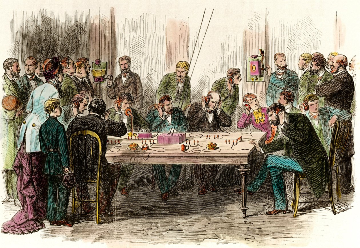 Experiência telefônica na sala de espera da estação Saint Lazare (Saint-Lazare), em Paris, em 6/09/1879. Gravura da Coleção Privada do século XIX de Anonymous Anonymous