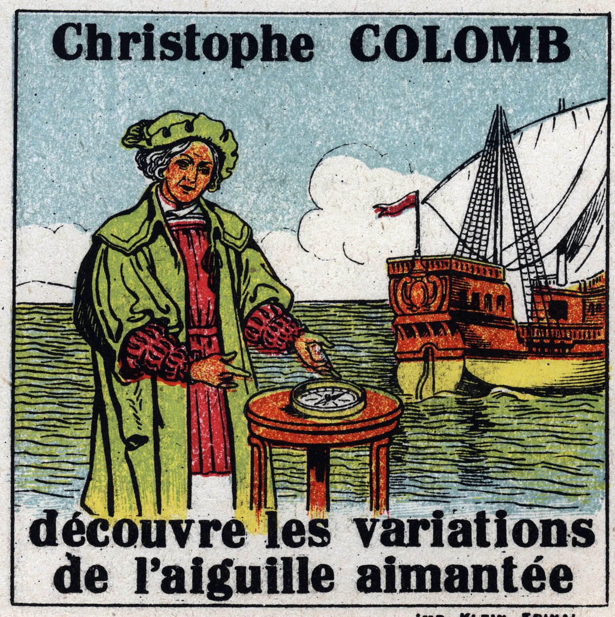 Magnetismo terrestre: Cristóvão Colombo (1451-1506) descobre as variações da agulha magnética de uma bússola durante a sua viagem à América em 1492. Ilustração anônima de 1925. Coleção privada. de Anonymous Anonymous