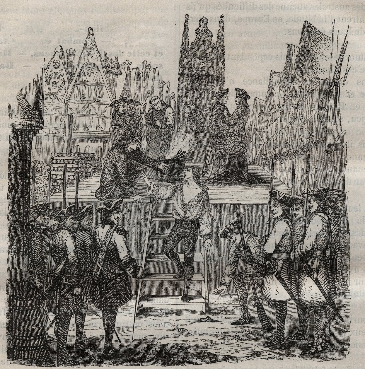 O Cavaleiro François-Jean Lefebvre de La Barre (François Jean Lefebvre de LaBarre) ascende ao cadafalso em 1766. Gravação em "Histoire des bagnes depuis leur création à nos jours" (1877) por Pierre Zaccone (1817-1895) (Colonia Penale - colônia penal de Anonymous Anonymous