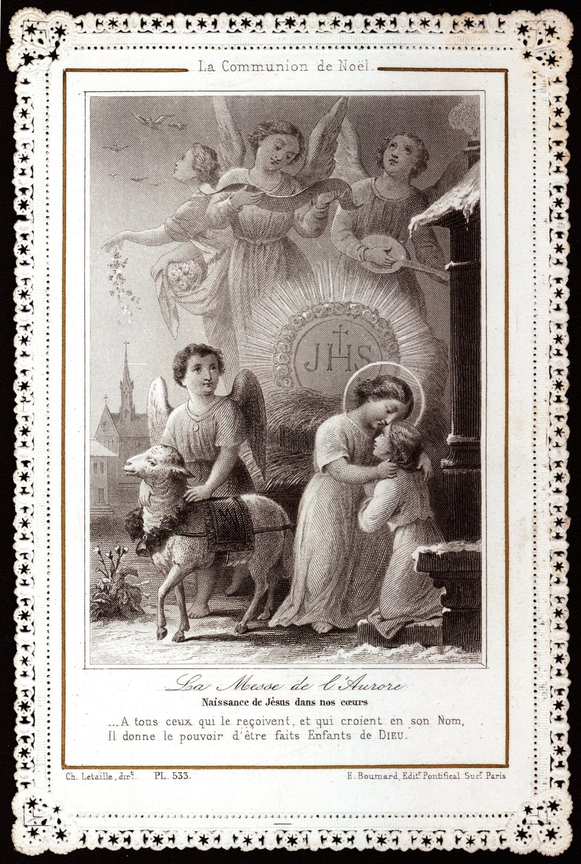 A Comunhão de Natal. A Missa do Amanhecer. Nascimento de Jesus em nossos corações Imagem piedosa. Cartão postal Dentelee. Coleção Particular de Anonymous Anonymous