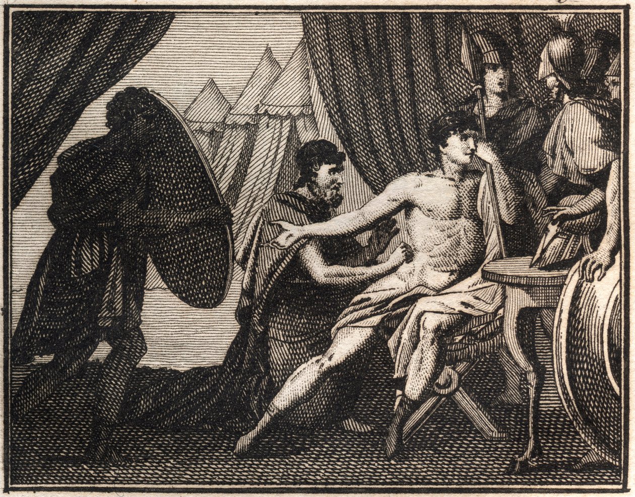 A Morte de Epaminondas (após a batalha contra os espartanos na Mantineia 362 AC.). Gravura de "The Rollin of Youth or Selected Pieces of Ancient and Roman Stories" 1816. Coleção particular. de Anonymous Anonymous