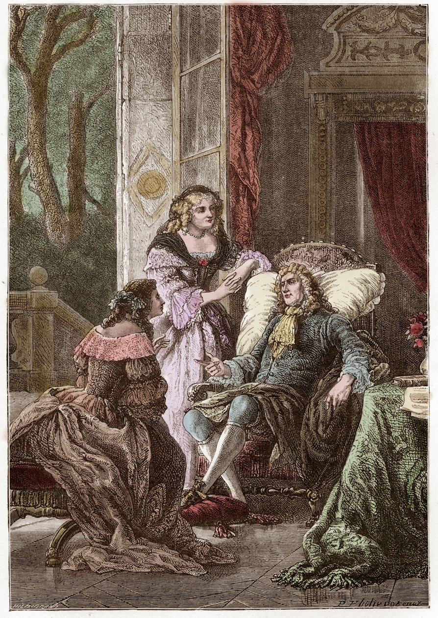 O Duque François de La Rochefoucauld (1613-1680), a Marquesa Madame de Sevigne (1626-1696) e a Condessa de La Fayette (1634-1693), escritores franceses - Gravura de Hildebrand depois de P. Philippoteaux - (Duque François de La Rochefoucauld (1613-1680), Ma de Anonymous Anonymous