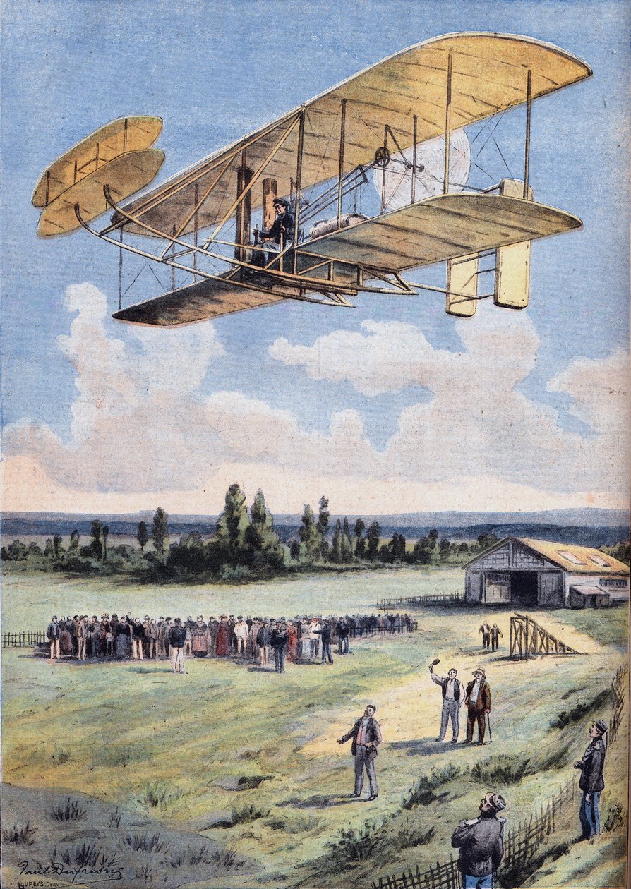The Flying Men: as experiências de Wilbur Wright (1867-1912) acima do hipódromo de Hunaudieres, perto da cidade de Le Mans. Gravura do jornal "Le Peute Parisien", em 30/08/1908. Coleção particular. de Anonymous Anonymous