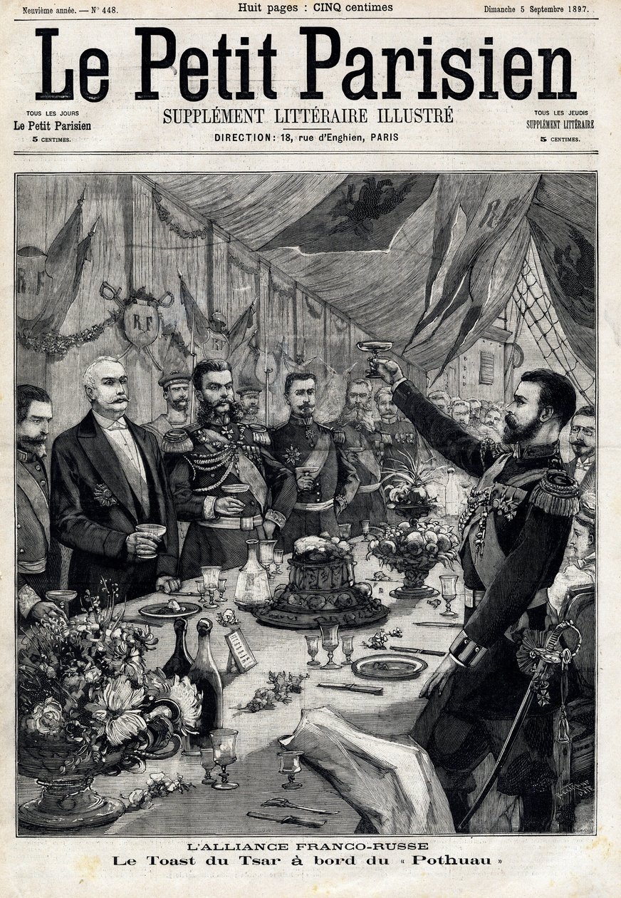 A aliança franco-russa: o brinde do czar Nicolau II (1868-1918) em homenagem ao presidente francês Felix Faure (1841-1899) a bordo do Pothau. Em "Le Petit Parisien" em 5/09/1897. Coleção Particular de Anonymous Anonymous