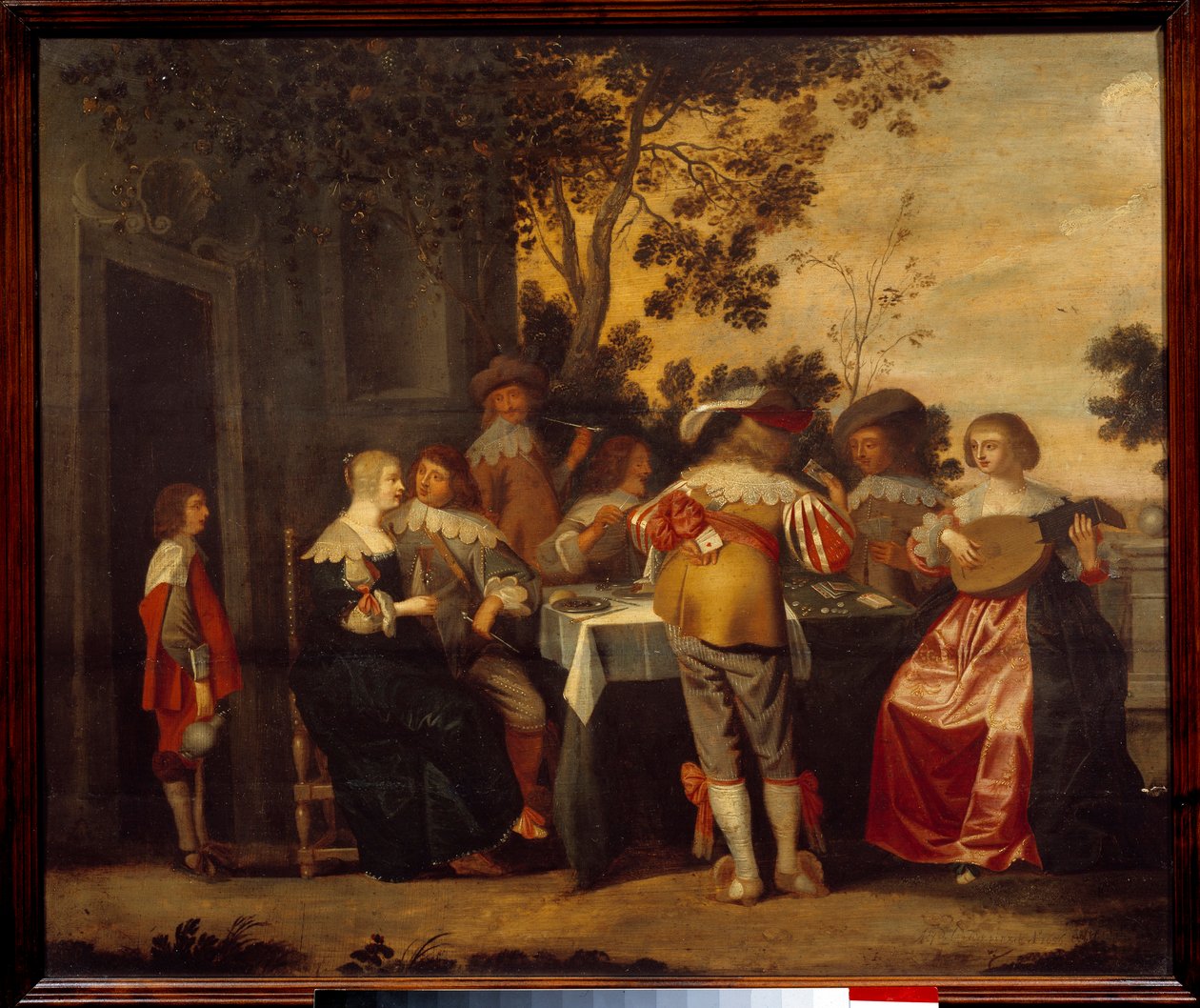 O jogo de cartas Gallant Scene com dois jogadores e músicos. A pintura anónima. Lille do século XVII, Musee des Beaux Arts de Anonymous Anonymous
