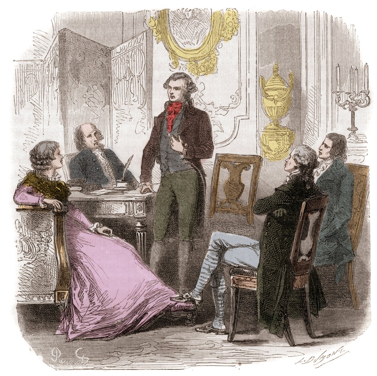 Os Girondins na casa Madame Roland - Reunion des Girondins chez Madame Roland (Manon (Jeanne Marie) Roland Philipon) (1754-1793) - Gravura em "Histoire des Girondins" de Alphonse de Lamartine (1790-1869) 1865-1866 - Coleção particular de Anonymous Anonymous