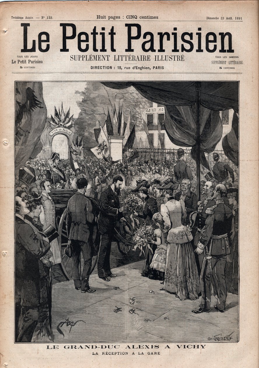 O Grão-Duque Alexis Alexandrovich (Aleksei Aleksandrovich Romanov) (1850-1908) em Vichy - A recepção na estação de trem - Gravação em "Le petit Parisien" de 1891 - Coleção particular de Anonymous Anonymous
