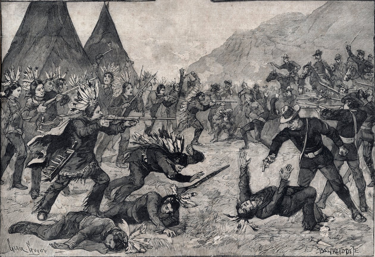 A revolta dos índios nos Estados Unidos: uma luta entre os índios Sioux e as tropas americanas. Gravura em "Le petit Parisien", de 1891. Coleção privada. de Anonymous Anonymous