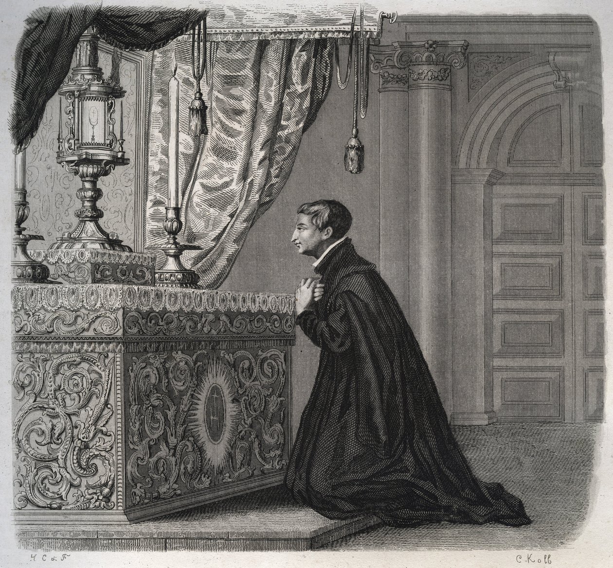O italiano Jesuite Louis de Gonzague (San Luigi Gonzaga) (1568-1591) em oração. Gravura de 1846 em "Vidas dos Santos". Coleção privada. de Anonymous Anonymous