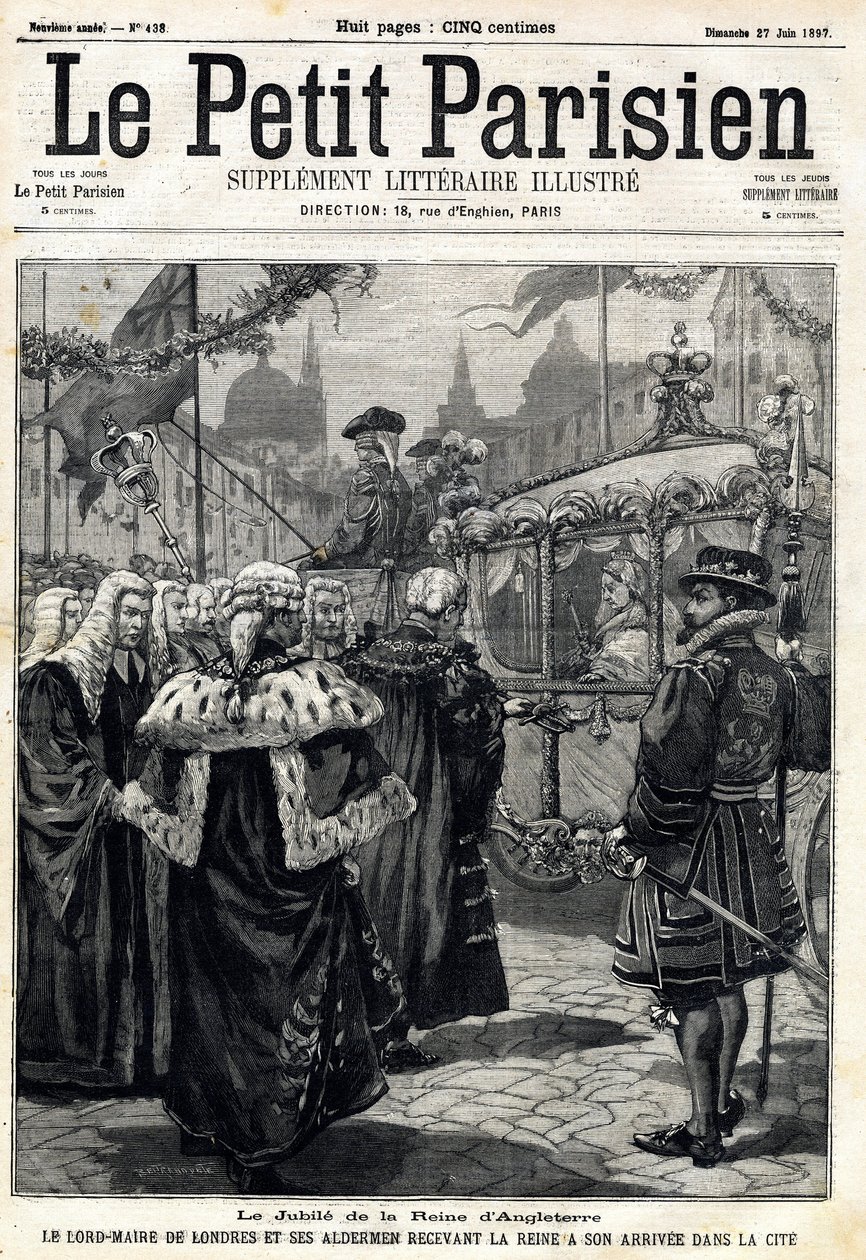 O Jubileu da Rainha de Inglaterra Victoria: o Senhor Prefeito de Londres Horatio Davies (1819-1901) e seus vereadores recebendo a Rainha chegaram à cidade. Em "Le Petit Parisien" em 27/06/1897. Coleção Particular de Anonymous Anonymous