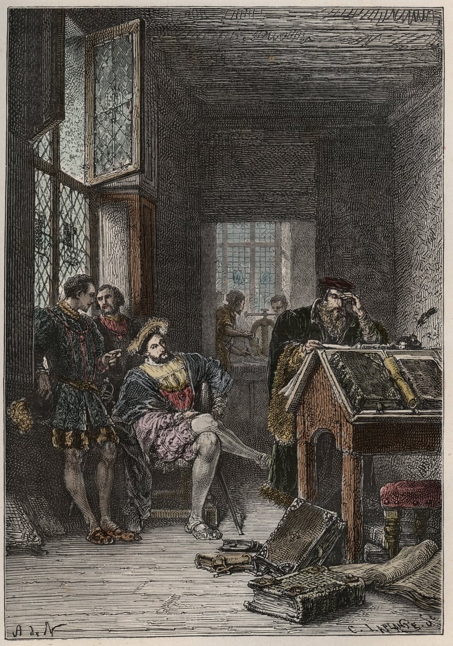 O Rei de França François I (1494-1547), protector das artes e das letras, visita aos ateliers dos tipógrafos Estienne (Robert Estienne), cerca de 1540 (Rei de França Francisco I visita os ateliers dos tipógrafos reais Estienne de Anonymous Anonymous