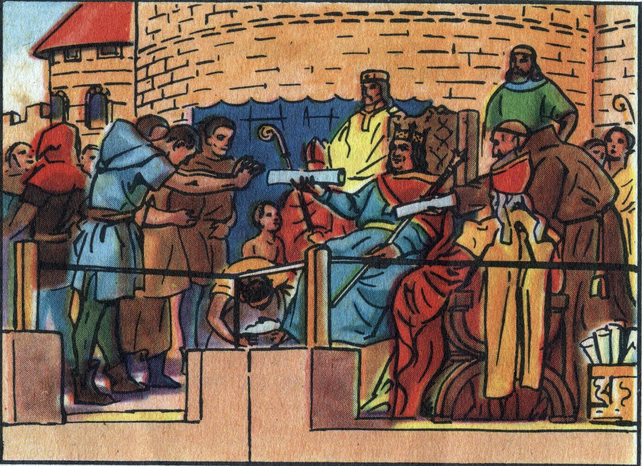 O Rei da França Luís VI o grande (1081-1137) concedendo a Carta à cidade de Paris. Ilustração anónima na "Collection des souverains et chefs d