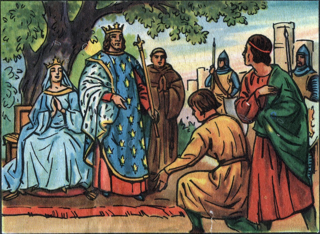 O Rei da França Saint Louis (Louis IX 1214-1270) fazendo justiça sob o carvalho do Bois de Vincennes. Ilustração anónima na "Collection des souverains et chefs d