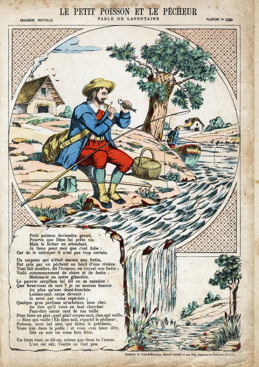 O Pequeno Peixe e o Pescador. Ilustração anônima para Les Fables de Jean de LA FONTAINE (Lafontaine) (1621-1695). Imagem de Pont-a-Mousson, por volta de 1880. Coleção particular. de Anonymous Anonymous
