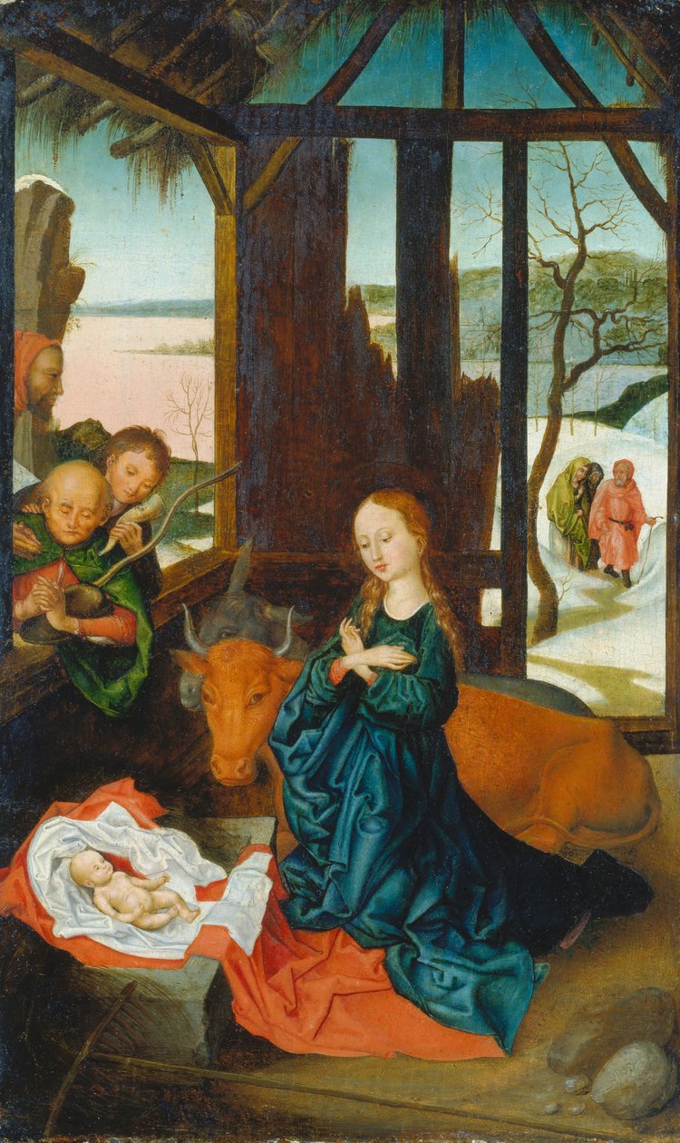 A Natividade, c.1500-20 (técnica mista sobre madeira de carvalho) de Anonymous Anonymous