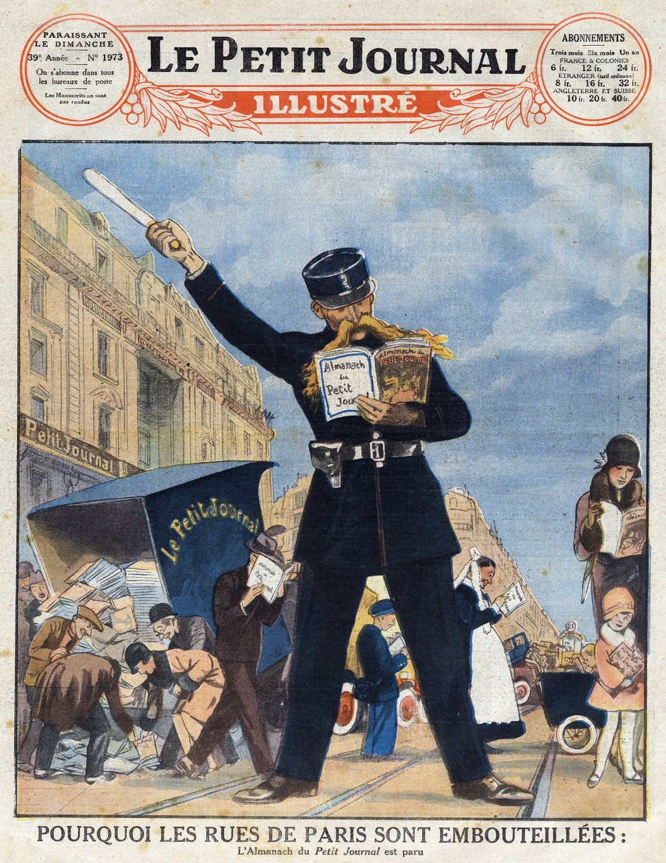 A população parisiense aproveitou um camião de entregas e um polícia ocupou-se de ler o Almanach em vez de circular a partir do "Le petit journal illustré". de Anonymous Anonymous