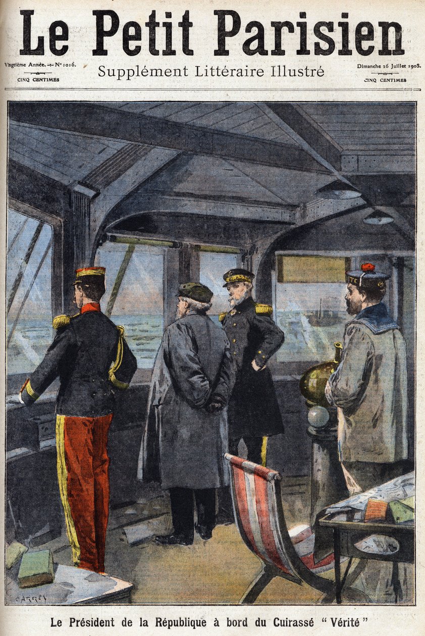 O Presidente da República Armand Fallieres (1841-1931) a bordo da Cuirasse "Verite". Um dos jornais "Le petit parisien" em 26/07/1908. Coleção privada. de Anonymous Anonymous