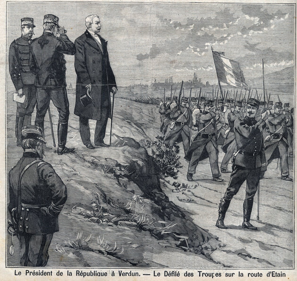 O Presidente da República Felix Faure (1841-1899) visita Verdun (Meuse): o despojo da escola militar da estrada de Etin. Gravura em "Le Petro Parisien" (Le Petro Parisien) de Anonymous Anonymous
