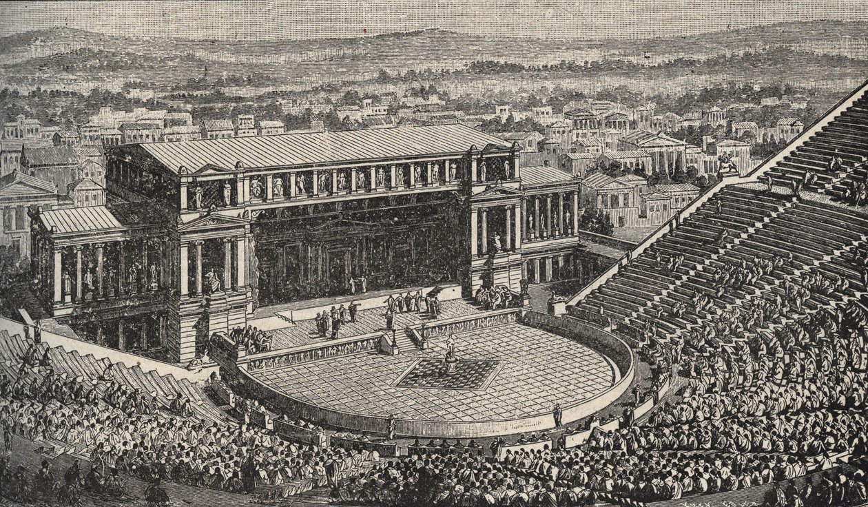 Teatro de Dionísio, A Acrópole, Atenas, Grécia - Reencenação de 1890 do Teatro de Dionísio - em Atenas, Grécia Antiga. - Gravura de 1890 de Anonymous Anonymous