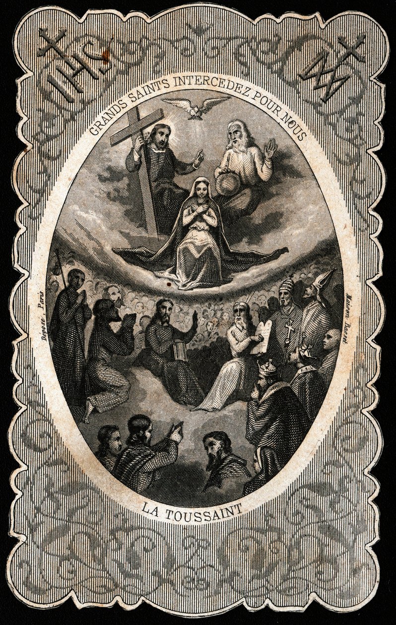 A Virgem Maria com a Santíssima Trindade (Deus, Jesus Cristo e a pomba do Espírito Santo). Cartão Dentelee. Século XIX. Coleção Particular de Anonymous Anonymous