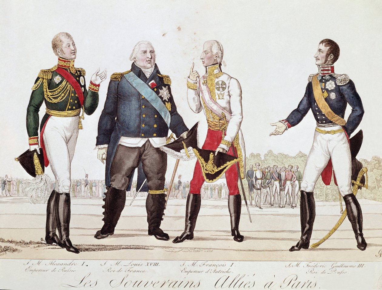 Os soberanos aliados: Alexandre I da Rússia, Luís XVIII da França, François II da Áustria e Frederich William III da Prússia durante a assinatura da Aliança em Paris em Setembro de 1815 (litografia de Anonymous Anonymous