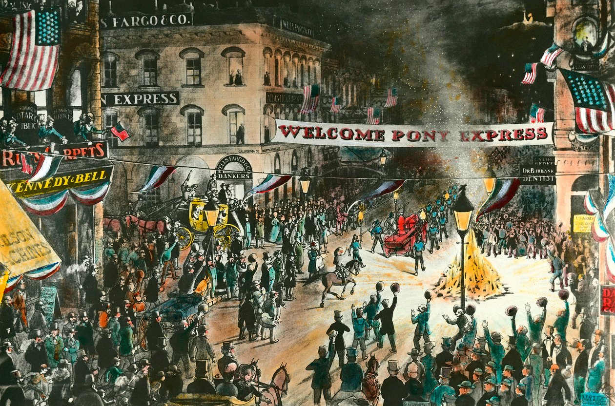 A chegada do pónei expresso O Pony Express foi uma relé destinada a ligar o Missouri à Califórnia através da distribuição de correio. Gravura do século XIX. Colecção privada de Anonymous Anonymous