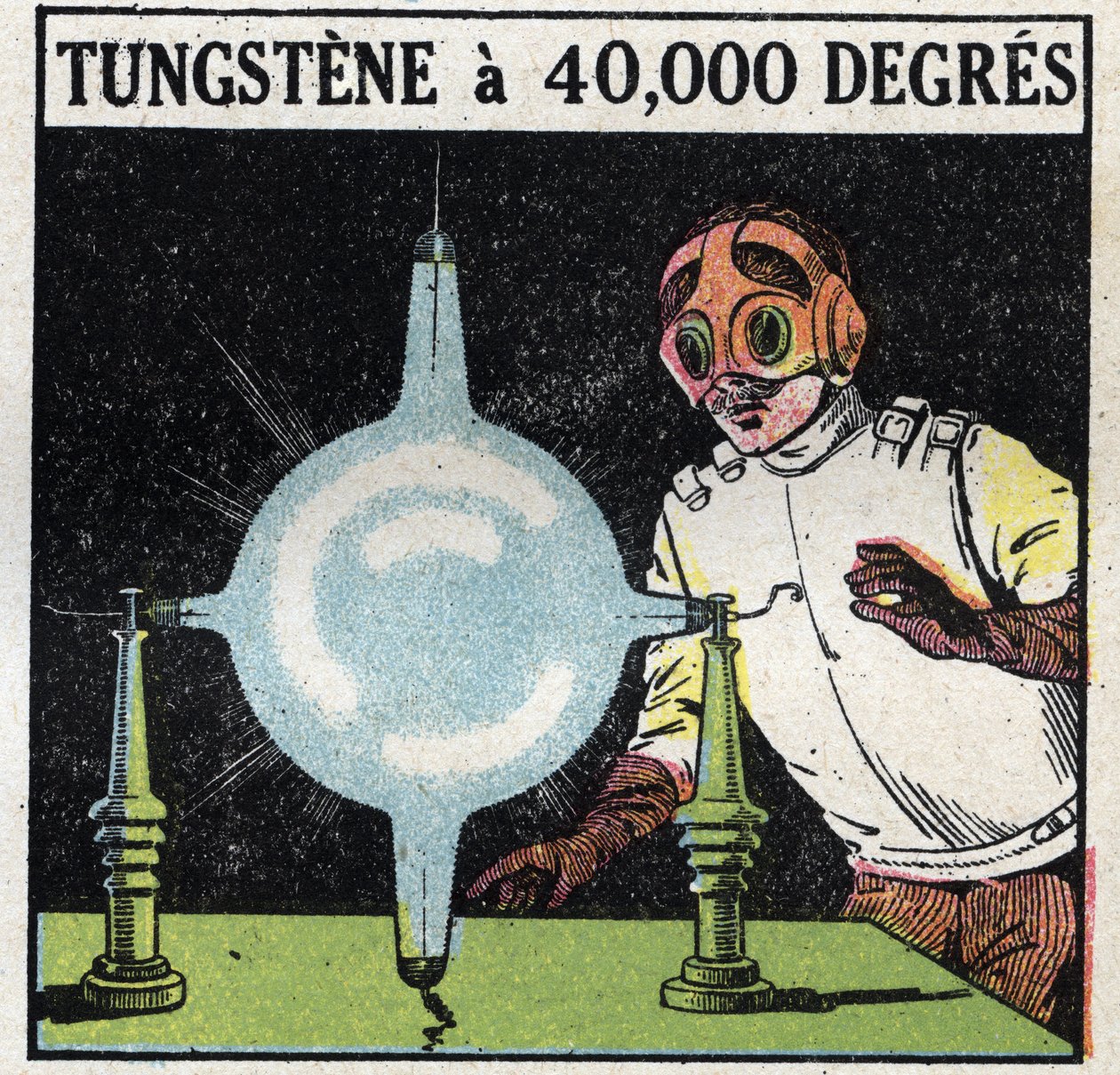 O átomo e a ciência: tentativa de dissolver o tungsténio por volatilização de um fio fino deste metal a 40.000 graus. Ilustração anônima de 1925. Coleção privada. de Anonymous Anonymous