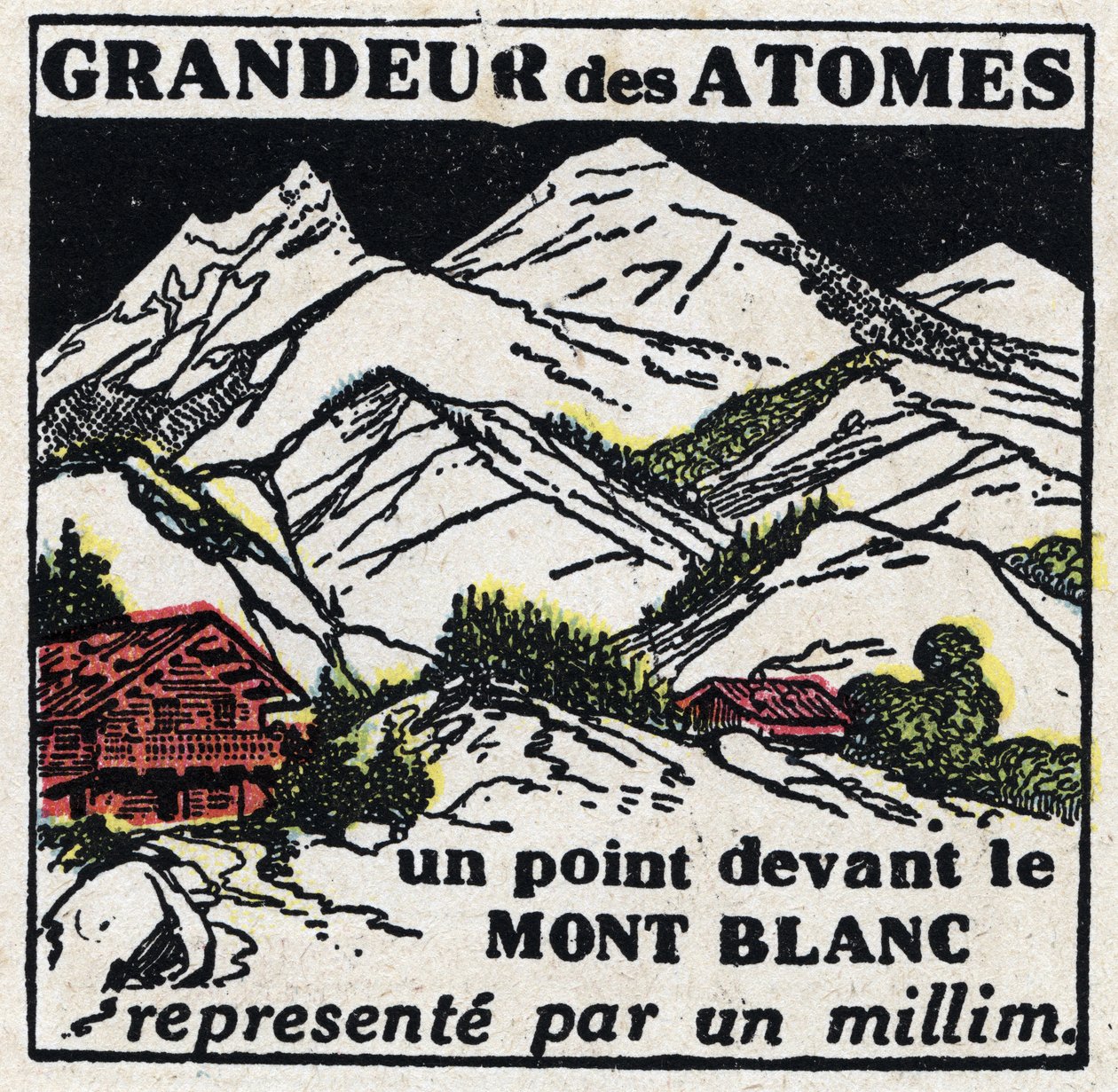 O átomo e a ciência: o tamanho dos átomos. Um ponto em frente ao Mont Blanc representado por um milímetro. Ilustração anónima de 1925. Coleção privada. de Anonymous Anonymous