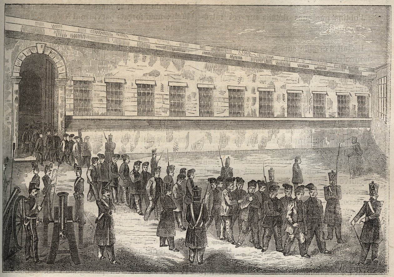A bagne de Rochefort no século XIX. Gravura em "Histoire des bagnes depuis leur création à nos jours" (1877) de Pierre Zaccone (1817-1895) (Colonia Penale - colônia penal). Coleção particular. de Anonymous Anonymous