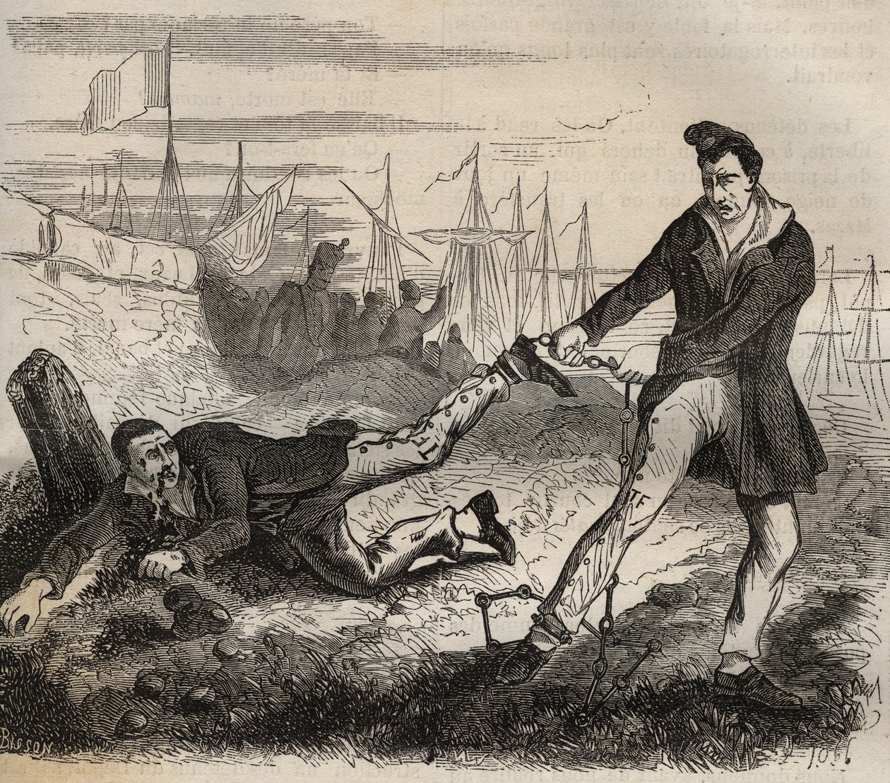 O maior tormento do forcate é ser um miserável. Lutar entre dois prisioneiros ligados pela mesma corrente. Bagne de Rochefort, no século XIX. Gravação em "Histoire des bagnes depuis leur création à nos jours" (1877) por Pierre Zaccone (1817-1895) de Anonymous Anonymous