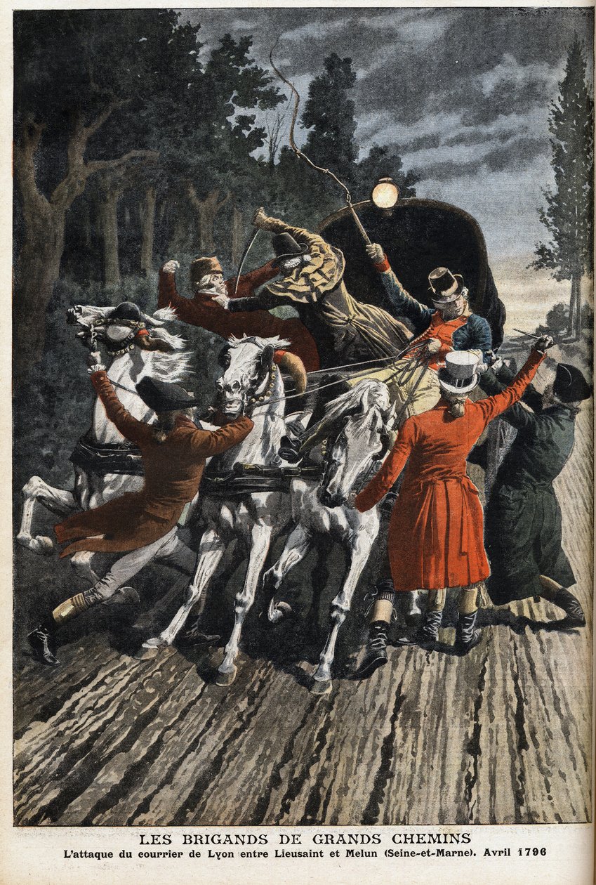 Os bandidos das rodovias: o ataque do correio de Lyon entre Lieusaint e Melun (Seine Et Marne) em abril de 1796. Gravura no "Le Petite Journal". de Anonymous Anonymous