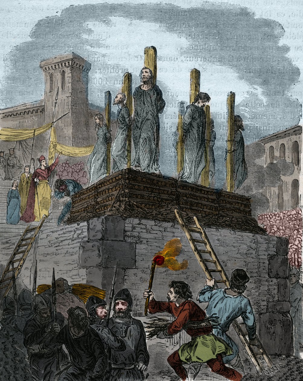O caso dos hereges de Orleans: os cânones foram condenados ao açougueiro por heresia em Orleans em 1022. (primeiro bucher na história da luta contra a heresia no Ocidente sob o governo de Robert II, o Piedoso (996-1031). Gravura do 19º Centurião de Anonymous Anonymous