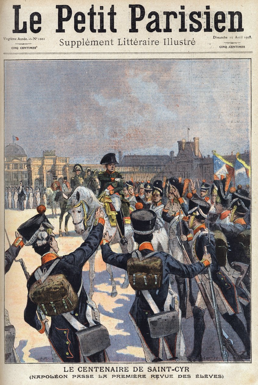 O centenário de São Cyr (Saint-Cyr): Napoleão I Bonaparte (1769-1821) passa a primeira revisão dos alunos da escola militar. Um dos jornais "Le petit parisien" em 12/04/1908. Coleção privada. de Anonymous Anonymous
