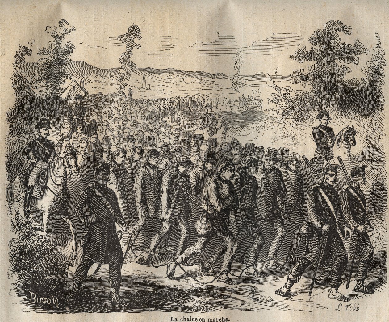 A cadeia começou no Toulon Bagne, no século XIX. Gravação em "Histoire des bagnes depuis leur création à nos jours" (1877) de Pierre Zaccone (1817-1895) (Colonia Penale - colônia penal). Coleção particular. de Anonymous Anonymous