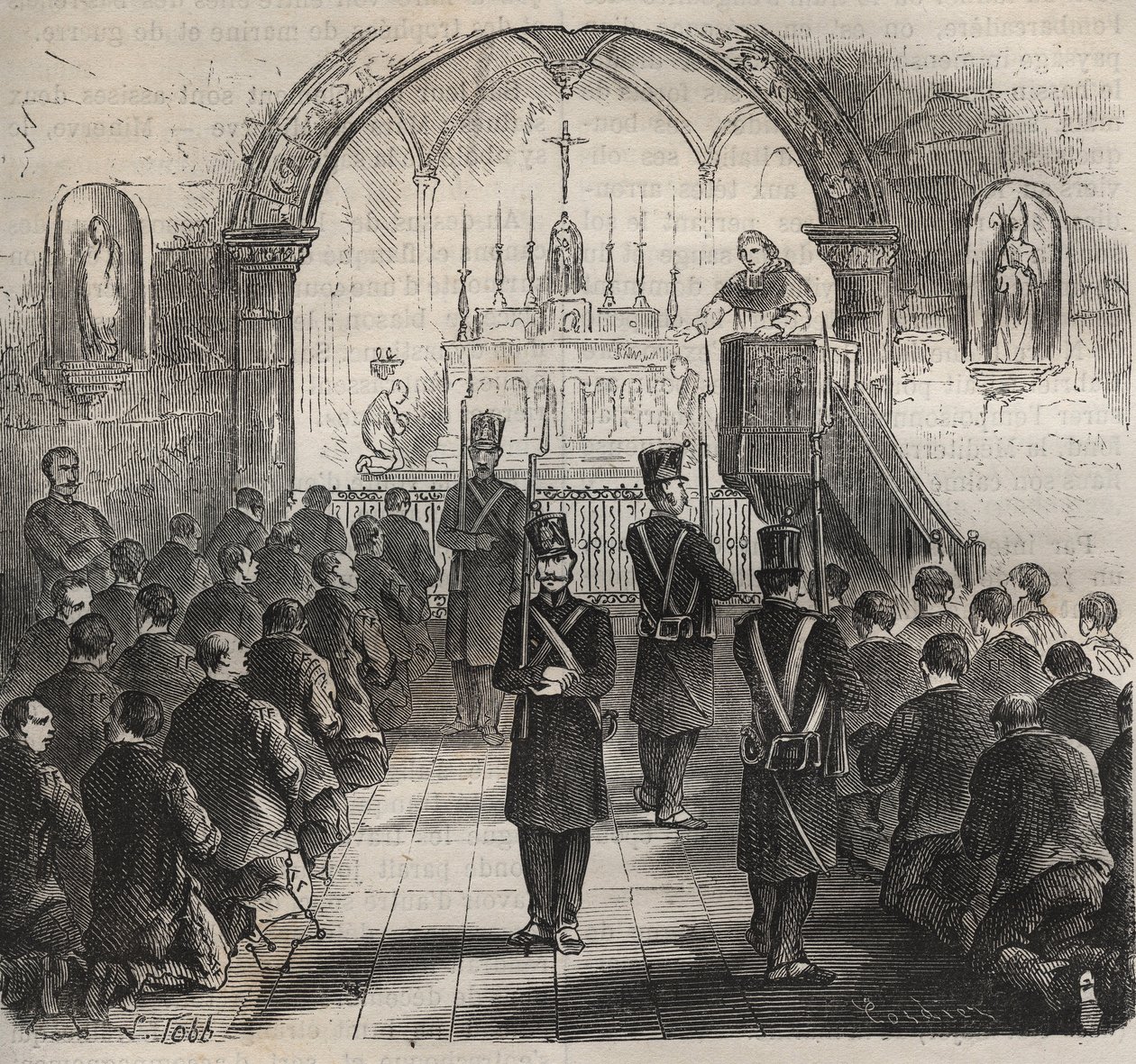 A capela do Toulon Bagne no século XIX. Gravura em "Histoire des bagnes depuis leur création à nos jours" (1877) de Pierre Zaccone (1817-1895) (Colonia Penale - colônia penal). Coleção particular. de Anonymous Anonymous