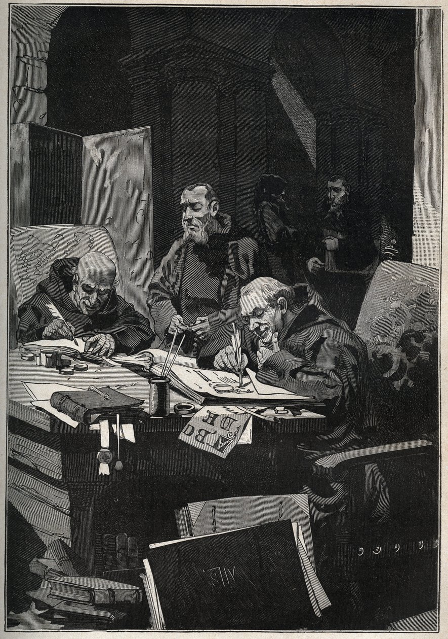 O crisoógrafo: monges copistas que realizam iluminações em letras douradas na Idade Média. Gravura de 1885 em "Les arts et metiers illustres" de Adolphe BITARD. de Anonymous Anonymous