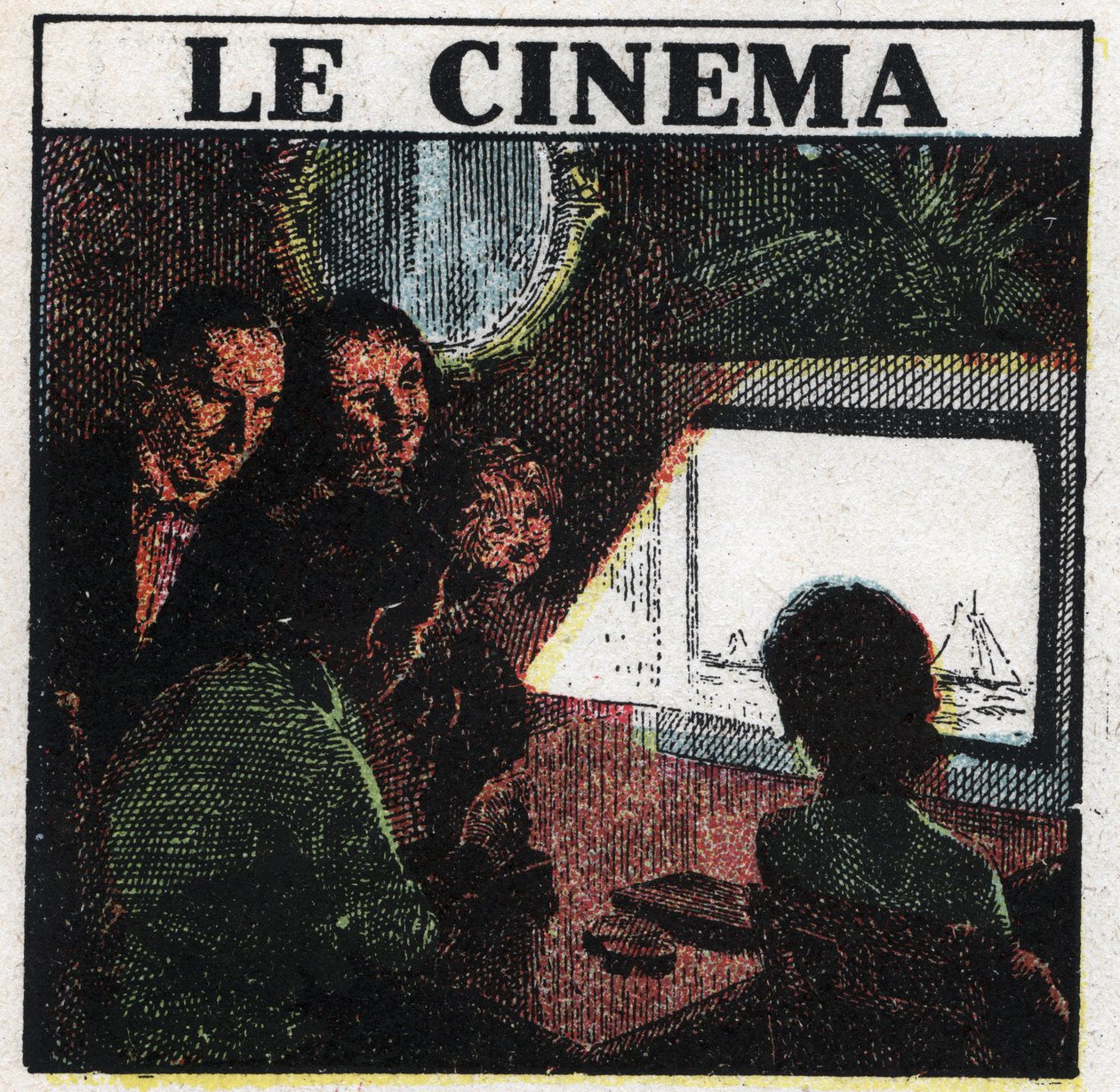 O cineasta: uma família que assiste a um filme em uma tela. Ilustração anônima de 1925. Coleção privada. de Anonymous Anonymous