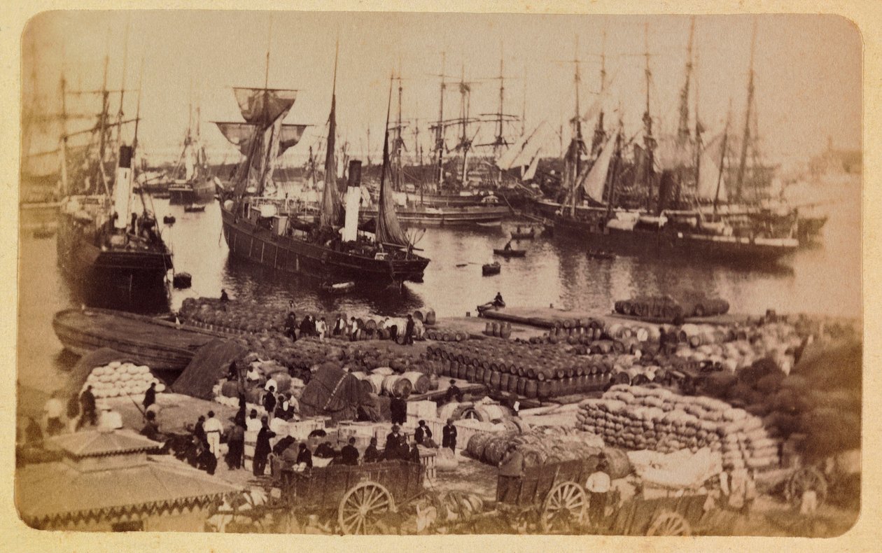 A cidade de Marselha e seus arredores por volta de 1885 -1890: Bassin de la Joliette, embarque de carga em gatos, Colecção privada de Anonymous Anonymous