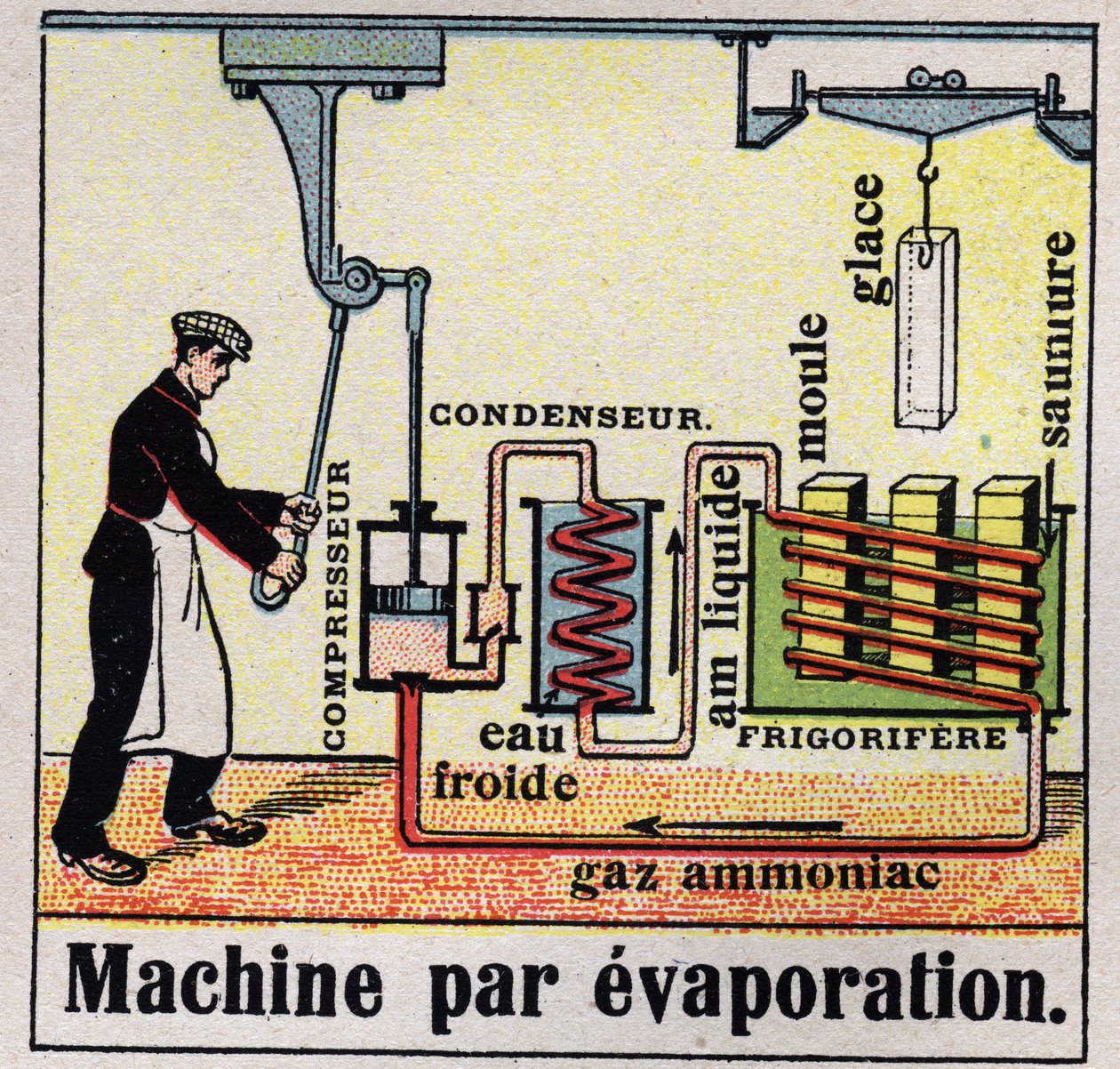 A indústria do frio: secção transversal de uma máquina de evaporação. Ilustração anónima de 1925. Colecção privada. de Anonymous Anonymous
