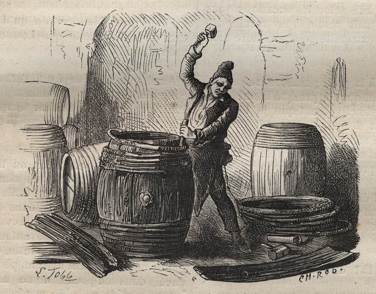 O tanoeiro de Toulon Bagne, no século XIX. Gravura em "Histoire des bagnes depuis leur création à nos jours" (1877) de Pierre Zaccone (1817-1895) (Colonia Penale - colônia penal). Coleção particular. de Anonymous Anonymous