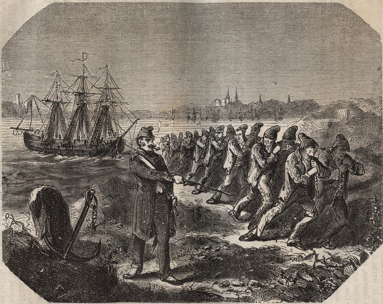 A cordela (obra de grande fadiga) na bagne de Rochefort no século XIX. Gravura em "Histoire des bagnes depuis leur création à nos jours" (1877) de Pierre Zaccone (1817-1895) (Colonia Penale - colônia penal) de Anonymous Anonymous