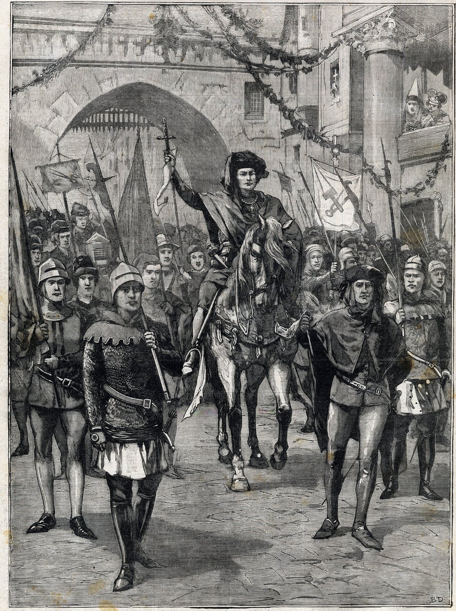 O cortejo das corporações no século XIV: O antepassado dos mercadores de Paris. A gravura. Em "The Little Parisien", em 18/06/1899. Colecção privada. de Anonymous Anonymous