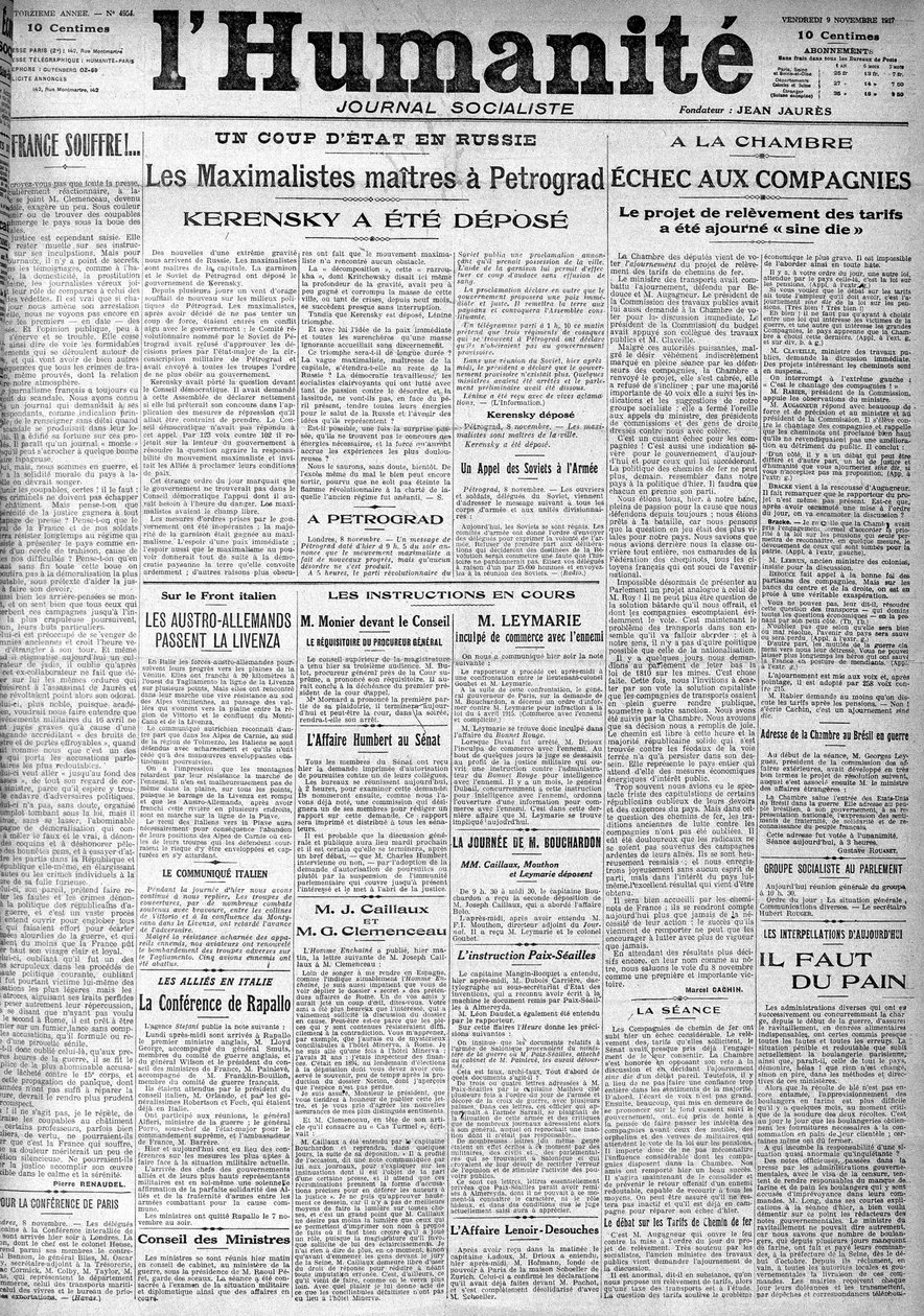 O golpe na Rússia, nas manchetes do jornal socialista "Humanidade". Manchetes:" Os Mestres Maximalistas em Petrogrado", "Kerensky foi depositado" (Kerenski), The 9/11/1917. de Anonymous Anonymous