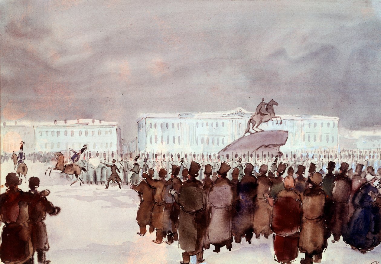 A multidão na Praça do Senado durante a revolta Decembrista em 1825. Membros Decembristas ou Decabristas de uma dura tentativa de golpe reprimido organizada em São Petersburgo em 14 de dezembro de 1825 para obter uma constituição do futuro czar para modern de Anonymous Anonymous