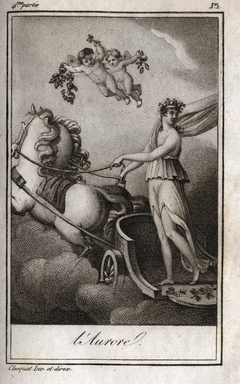 O amanhecer (Apollo guia a carruagem do sol). Alegoria do amanhecer. Gravura de 1819 em "Lettres a Emilie sur la mythologie" de Charles Albert Demoustier (1760-1801). Coleção particular. de Anonymous Anonymous