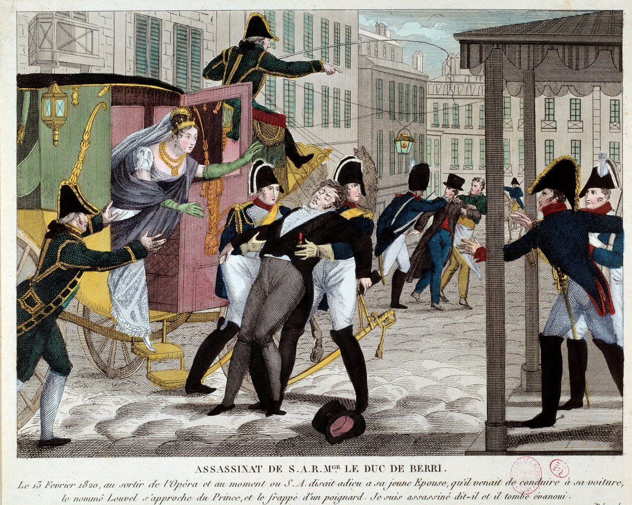 A morte de Charles Ferdinand de Bourbon, Duque de Berry (1778-1820) 13/02/1820 na saída da Academia Real de Música O sobrinho do rei Luís XVIII foi assassinado na Ópera por Louvel um republicano que queria fechar a dinastia real. Engravi de Anonymous Anonymous
