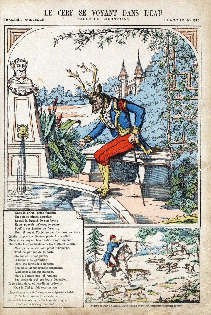 O veado a ver-se na água. Ilustração anônima para Les Fables de Jean de LA FONTAINE (Lafontaine) (1621-1695). Imagem de Pont-a-Mousson, por volta de 1880. Coleção particular. de Anonymous Anonymous
