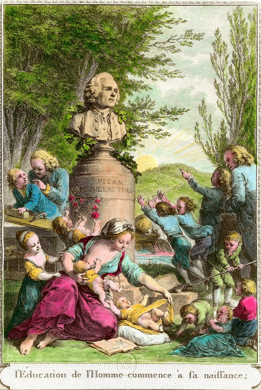 A educação do homem começa no seu nascimento: mães com filhos, ao lado de um busto em homenagem ao filósofo suíço Jean Jacques Rousseau (1712-1778). Gravura da Coleção Privada do século XVIII de Anonymous Anonymous
